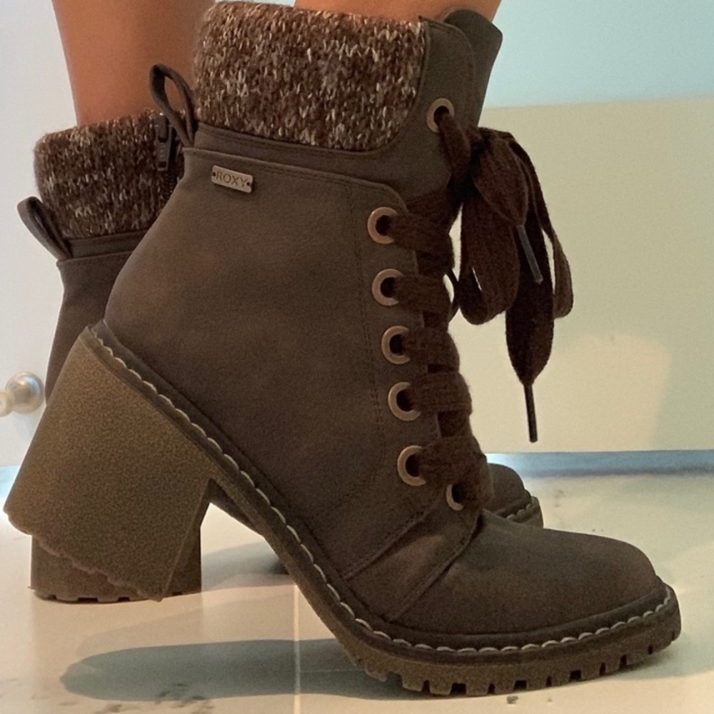 Roxy Knit Lace Up Chunky Heeled Ankle Bootie - Picture 2 of 10
